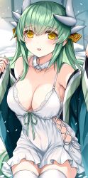 Rule 34 | 1girl, bare shoulders, blush, breasts, cleavage, collarbone, commentary request, dragon girl, dragon horns, dress, fate/grand order, fate (series), green hair, highres, horns, japanese clothes, kiyohime (fate), large breasts, long hair, long sleeves, looking at viewer, morizono shiki, off shoulder, parted lips, smile, solo, thighhighs, thighs, white dress, white thighhighs, yellow eyes