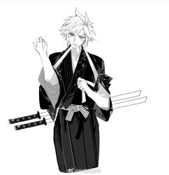 Rule 34 | 1boy, adjusting clothes, alternate costume, arm up, black kimono, chinese commentary, cloud strife, commentary request, cropped legs, cuntouxiaoyeju, final fantasy, final fantasy vii, floral print, floral print kimono, furrowed brow, greyscale, hands up, japanese clothes, katana, kimono, male focus, monochrome, mouth hold, ribbon, ribbon in mouth, sash, short hair, solo, striped sash, sword, upper body, weapon, weapon on back, weibo username
