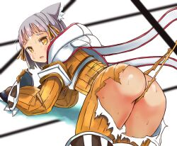 Rule 34 | 1girl, ass, brown hair, butt crack, jumpsuit, long sleeves, looking at viewer, looking back, nia (xenoblade), no panties, open mouth, shadow, short hair, shougakusei, simple background, solo, torn clothes, white background, white hood, xenoblade chronicles (series), xenoblade chronicles 2, yellow eyes, yellow jumpsuit