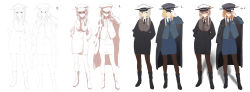 Rule 34 | 10s, 2girls, adjusting clothes, adjusting headwear, ankle boots, arm up, bismarck (kancolle), black footwear, black legwear, black necktie, blazer, blonde hair, blue eyes, blue jacket, blue necktie, blue skirt, boots, buttons, closed mouth, coat, collared shirt, eight tohyama, eye contact, flat color, formal, frown, full body, fur-trimmed coat, fur coat, fur trim, gloves, graf zeppelin (kancolle), grey hat, hair between eyes, hair over shoulder, hands in pockets, hat, high heel boots, high heels, highres, how to, jacket, jacket on shoulders, kantai collection, legs, lineart, long sleeves, looking at another, looking to the side, making-of, making-of available, military, military uniform, monochrome, multiple girls, naval uniform, necktie, open clothes, open coat, pantyhose, peaked cap, pencil skirt, shade, shadow, shirt, sidelocks, silver hair, simple background, skirt, skirt set, smile, taut clothes, twintails, unfinished, uniform, vest, white background, white gloves, white hat, white shirt, wing collar, winter clothes, winter coat