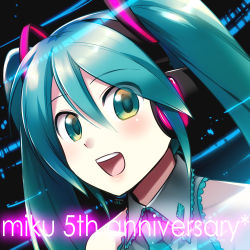 Rule 34 | 1girl, caffein, character name, green eyes, green hair, hatsune miku, headset, looking at viewer, matching hair/eyes, necktie, open mouth, portrait, revision, solo, twintails, vocaloid