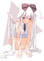 Rule 34 | 1girl, all fours, animal ears, bare arms, bare shoulders, barefoot, black bow, blush, bow, breasts, closed mouth, collared dress, commentary request, detached wings, dress, grey background, hair bow, long hair, medium breasts, mini wings, original, rabbit ears, red eyes, sleeveless, sleeveless dress, solo, two-tone background, usagimiko, very long hair, white background, white dress, white hair, white wings, wings