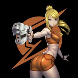 Rule 34 | 1girl, absurdres, aiming, ass, bare shoulders, black background, blonde hair, blue eyes, breasts, corbiejack, cowboy shot, female focus, from behind, gun, highres, holding, holding weapon, logo, long hair, looking at viewer, looking back, medium breasts, metroid, midriff, nintendo, parted lips, ponytail, samus aran, shorts, sidelocks, sleeveless, solo, sports bra, sportswear, thighs, weapon