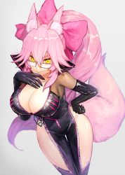 Rule 34 | 1girl, animal ear fluff, animal ears, black bodysuit, blush, bodysuit, bow, breasts, center opening, cleavage, collarbone, fate/grand order, fate (series), fox ears, fox girl, fox tail, glasses, hair between eyes, hair bow, highres, hip vent, koyanskaya (assassin) (first ascension) (fate), koyanskaya (fate), large breasts, long hair, looking at viewer, pink bow, pink hair, ponytail, sidelocks, smile, solo, tail, tamamo (fate), thighs, waterstaring, yellow eyes