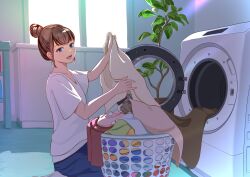 Rule 34 | 1girl, absurdres, blue eyes, blue pants, brown hair, cat, hair bun, highres, indoors, laundry, laundry basket, nap on a cloud, open mouth, original, pants, plant, potted plant, seiza, shirt, sitting, solo, tabby cat, washing machine, white shirt, window