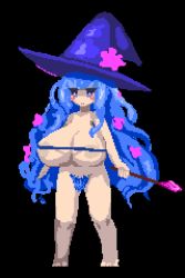 Rule 34 | 1girl, barefoot, black background, blue hair, blue pubic hair, breasts, facing viewer, full body, hat, huge breasts, long hair, looking at viewer, lowres, magic castle re pure aria, pixel art, purple hat, simple background, solo, standing, tagme, very long hair, wand, witch hat, yomitim