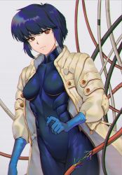 Rule 34 | 1girl, black hair, blue bodysuit, blue gloves, bodysuit, breasts, closed mouth, collar, ghost in the shell, gloves, grey background, highres, jacket, kusanagi motoko, looking at viewer, medium breasts, open clothes, red eyes, reiji-rj, short hair, simple background, solo, standing, upper body, white jacket, wire, zipper, zipper pull tab