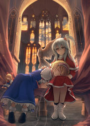 Rule 34 | 2girls, alice margatroid, apron, backlighting, blonde hair, boots, capelet, church, closed eyes, curtains, doll, dress, eho (icbm), female focus, hairband, highres, jpeg artifacts, lap pillow, long hair, mary janes, multiple girls, mystic square, ribbon, shanghai doll, shinki (touhou), shoes, short hair, side ponytail, silver hair, sitting, sleeping, smile, statue, string, touhou, touhou (pc-98), yellow eyes