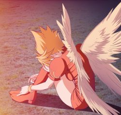 Rule 34 | 1girl, angel wings, blonde hair, boots, bracelet, breasts, breath of fire, breath of fire iii, dress, feathered wings, full body, highres, jewelry, nina (breath of fire iii), nori (norimakigumo), puffy sleeves, short hair, solo, white wings, wings