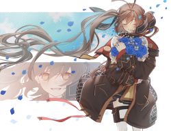 Rule 34 | 1girl, blue flower, blue rose, blush, bouquet, brown eyes, brown hair, brown jacket, closed mouth, commentary, commission, feet out of frame, flower, girls&#039; frontline, hair ribbon, holding, holding bouquet, holding flower, jacket, long hair, looking at viewer, m14 (girls&#039; frontline), open clothes, open jacket, open mouth, parted lips, petals, rabb horn, ribbon, rose, simple background, skeb commission, smile, solo, standing, tears, twintails