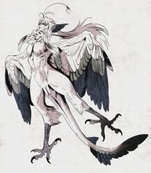 Rule 34 | 1boy, ahoge, animal feet, bird legs, bird wings, blue wings, closed eyes, closed mouth, facing to the side, feather hair, feathered wings, full body, grey background, grey hair, harpy boy, head wings, highres, isaki (shimesaba), long hair, male focus, monster boy, multicolored wings, muted color, neck fur, original, sidelocks, simple background, solo, tail, talons, very long hair, white wings, winged arms, wings