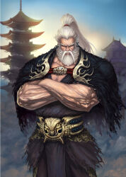 1boy architecture artkingman bara beard belt black_cape blurry blurry_background cape closed_eyes crossed_arms east_asian_architecture facial_hair highres long_hair male_focus muscular muscular_male mustache old old_man original outdoors solo thick_eyebrows torn_cape torn_clothes white_hair