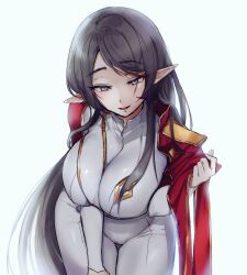 Rule 34 | 1girl, adele (maplestory), black hair, breasts, cape, charles (gu599), knight, large breasts, leaning forward, long hair, long sleeves, maplestory, open mouth, pointy ears, red cape, seductive smile, smile, solo, uniform, upper body, white background