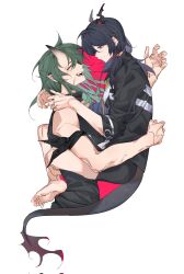 Rule 34 | 2girls, arknights, arm scrunchie, barefoot, black hair, black shirt, black shorts, ch&#039;en (arknights), closed eyes, closed mouth, commentary, dragon horns, dragon tail, hand on another&#039;s shoulder, highres, horns, hoshiguma (arknights), leg lock, long hair, looking at another, molu stranger, multiple girls, open mouth, pink background, scar, scar on face, shirt, shorts, simple background, single horn, sleeveless, sleeveless shirt, smile, tail, twintails, two-tone background, white background, yuri