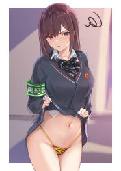 Rule 34 | 1girl, absurdres, animal print, armband, bee doushi, black bow, black sweater, blush, bow, breasts, brown eyes, brown hair, clothes lift, collared shirt, commentary request, cowboy shot, grey skirt, groin, hair between eyes, highres, lifting own clothes, long sleeves, looking at viewer, medium breasts, navel, original, panties, parted lips, print panties, school uniform, shirt, skirt, skirt lift, solo, squiggle, sweat, sweater, tiger print, underwear, white shirt, yellow panties