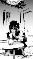 Rule 34 | 1girl, blunt bangs, bob cut, bowl, ceiling light, chopsticks, commentary request, eating, greyscale, hands up, idolmaster, idolmaster cinderella girls, indoors, long sleeves, looking to the side, monochrome, niku-name, on floor, rice, rice bowl, rice cooker, sailor collar, school uniform, seiza, shirayuki chiyo, short hair, sitting, sketch, solo, table