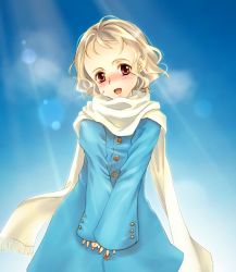 Rule 34 | 1girl, blonde hair, blue theme, blush, brown eyes, child, day, looking at viewer, original, own hands together, scarf, short hair, sky, smile, solo, torazou, v arms, white scarf