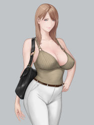Rule 34 | 1girl, bag, belt, blue eyes, breasts, cameltoe, cleavage, collarbone, commentary request, contrapposto, cowboy shot, curvy, grey background, hand on own hip, handbag, highres, large breasts, light brown hair, looking at viewer, mole, mole on breast, o-ring, office lady, original, pants, shisshou senkoku, solo, tight clothes, tight pants, tight top, white pants