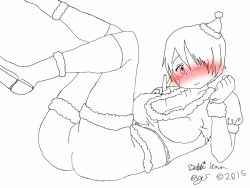 Rule 34 | 10s, 1girl, 2015, blush, boots, breasts, christmas, cleavage, doodle, fur trim, gloves, hair over one eye, hat, large breasts, looking at viewer, lying, monochrome, on back, original, santa hat, short hair, signature, simple background, sketch, smile, spot color, v, white background
