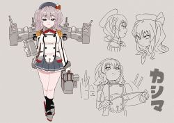Rule 34 | 1girl, bad id, bad twitter id, breasts, character name, epaulettes, from below, from side, gloves, green eyes, grey background, hat, kantai collection, kashima (kancolle), medium breasts, multiple views, ojipon, riding crop, rigging, skirt, smile, turret, walking, white background