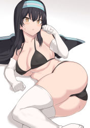 Rule 34 | 1girl, ass, bikini, black bikini, black hair, blush, boots, breasts, brown eyes, cleavage, collarbone, covered erect nipples, en&#039;en no shouboutai, feet out of frame, gloves, habit, hand up, large breasts, long hair, looking at viewer, lying, navel, on side, open mouth, shiseki hirame, simple background, solo, sweat, swimsuit, tamaki kotatsu, thigh boots, thighhighs, v-shaped eyebrows, white background, white gloves, white thighhighs
