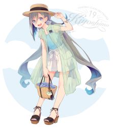 Rule 34 | 1girl, alternate costume, bag, blue eyes, blue hair, blue nails, blue tank top, blush, boater hat, character name, cloud, colis, full body, grey hair, hair between eyes, hair ribbon, hat, holding, kantai collection, kiyoshimo (kancolle), long hair, low twintails, multicolored hair, nail polish, open mouth, pocket, ribbon, sandals, see-through, short sleeves, shorts, simple background, solo, standing, tank top, toenail polish, toenails, twintails, twitter username, two-tone hair, white shorts