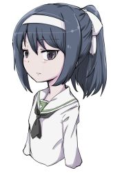 Rule 34 | 10s, 1girl, alternate hairstyle, black hair, black neckerchief, bob (you-u-kai), commentary request, girls und panzer, hairband, looking at viewer, medium hair, neckerchief, ooarai school uniform, ponytail, reizei mako, school uniform, serafuku, simple background, solo, white background, white hairband