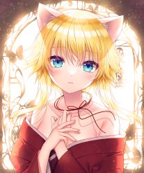 Rule 34 | 1girl, animal ear fluff, animal ears, backlighting, bare shoulders, blonde hair, blue eyes, cat ears, closed mouth, collarbone, commentary request, hair between eyes, hands up, highres, japanese clothes, kimono, long hair, looking at viewer, minatsuki alumi, off shoulder, original, own hands together, red kimono, short hair with long locks, solo, sunlight, upper body
