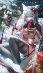 Rule 34 | 1girl, absurdres, animal ears, arknights, bell, black gloves, black thighhighs, blush, bow, box, breasts, capelet, christmas ornaments, christmas tree, covering own mouth, flippy (cripine111), fox ears, fox girl, fox tail, frostleaf (arknights), fur-trimmed capelet, fur-trimmed gloves, fur trim, gift, gift box, gloves, grey hair, hair between eyes, hair bow, heart, heart-shaped pupils, highres, holding, holding gift, long hair, looking at viewer, medium breasts, naked ribbon, navel, red capelet, red eyes, ribbon, solo, string lights, symbol-shaped pupils, tail, thighhighs, thighs, underboob