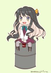 Rule 34 | 10s, 1girl, :d, chibi, drum, drum (container), fang, hair bun, hair ribbon, highres, instrument, kantai collection, long hair, mae (maesanpicture), multicolored eyes, multicolored hair, naganami (kancolle), open mouth, pantyhose, pleated skirt, ribbon, school uniform, simple background, single hair bun, skirt, smile, solo, twitter username