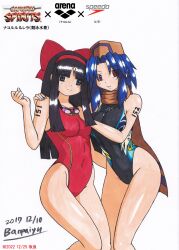 Rule 34 | 2girls, absurdres, artist name, banpaiyu, blue hair, breasts, competition swimsuit, copyright name, covered navel, curvy, goggles, goggles around neck, grey eyes, hair ribbon, hat, highres, hime cut, large breasts, long hair, looking at viewer, medium breasts, multiple girls, nakoruru, one-piece swimsuit, purple hair, red eyes, rera, ribbon, samurai spirits, smile, snk, swimsuit, thighs, traditional media
