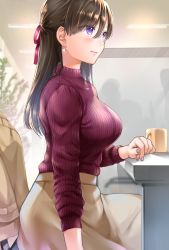 Rule 34 | 1girl, abe hikaru, blush, breasts, brown hair, brown jacket, brown skirt, coffee cup, cup, disposable cup, ear piercing, from side, hair ribbon, highres, hikaru (gevp7588), jacket, unworn jacket, large breasts, long hair, long skirt, nail polish, office lady, original, piercing, purple eyes, purple ribbon, purple sweater, ribbed sweater, ribbon, sitting, skirt, smile, solo, sweater