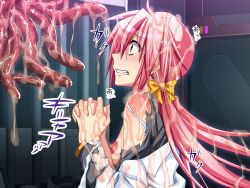 Rule 34 | 1girl, blush, breasts, dissolving clothes, female focus, hoshoku game 2, komo da, monster, nipples, pink hair, praying, red eyes, scared, solo, tentacles, upper body, vore, you gonna get raped