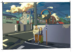 Rule 34 | 1boy, 1girl, backpack, bag, blue jacket, blue shirt, blue sky, brown hair, building, cloud, commentary request, full body, grey jacket, holding, holding map, jacket, leaning on object, long skirt, map, medium hair, orange hair, orange pants, orange skirt, original, outdoors, pants, power lines, railing, road, road sign, scenery, shirt, shoes, short hair, sign, skirt, sky, sneakers, standing, street, summer-eyes, town, traffic mirror, tree, utility pole, white footwear, white shirt