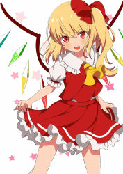 Rule 34 | 1girl, :d, ascot, blonde hair, blush, clothes lift, contrapposto, cowboy shot, flandre scarlet, frilled shirt collar, frilled skirt, frills, hair between eyes, hair ribbon, hat, head tilt, lifting own clothes, looking at viewer, miniskirt, mob cap, no headwear, open mouth, puffy short sleeves, puffy sleeves, red eyes, red skirt, red vest, ribbon, shirt, short hair, short sleeves, side ponytail, skirt, skirt lift, smile, solo, standing, star (symbol), starry background, teeth, touhou, upper teeth only, vest, white background, white shirt, wings, yellow ascot, yuimari