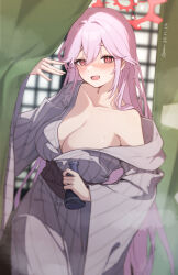 Rule 34 | 1girl, absurdres, bath yukata, blue archive, blush, bottle, breasts, chiyo akira, cleavage, collarbone, dated, grey kimono, halo, highres, holding, holding bottle, japanese clothes, kimono, large breasts, long hair, long sleeves, looking at viewer, obi, open mouth, pink hair, red eyes, red halo, sash, shouji, signature, sliding doors, smile, solo, tomoe (blue archive), wide sleeves, yukata