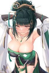 Rule 34 | 1girl, armpits, arms up, bead necklace, beads, blunt bangs, breasts, china dress, chinese clothes, cleavage, detached sleeves, dress, green eyes, hair ornament, hair stick, hanying (punishing: gray raven), highres, jewelry, kousaki natsu, large breasts, long sleeves, mole, mole under eye, necklace, nihongami, pearl necklace, punishing: gray raven, sidelocks, solo, strapless, strapless dress, tassel, tassel hair ornament, thigh strap, yellow eyes