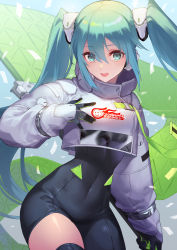 Rule 34 | 1girl, :d, aqua eyes, aqua hair, hatsune miku, highres, long hair, looking at viewer, nakamura eight, open mouth, racing miku, racing miku (2022), smile, solo, thighhighs, tight clothes, twintails, very long hair, vocaloid