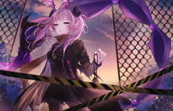 Rule 34 | 1girl, aqua nails, arknights, black dress, black jacket, black pantyhose, breasts, caution tape, chain-link fence, commentary request, cowboy shot, dress, dusk, fence, hair ornament, haku wi, head wings, jacket, jewelry, long hair, long sleeves, looking at viewer, manticore (arknights), manticore (invisible dirge) (arknights), medium breasts, nail polish, necklace, official alternate costume, open clothes, open jacket, outdoors, pantyhose, parted lips, pink eyes, pointy ears, purple hair, scorpion tail, short dress, solo, standing, tail, wings