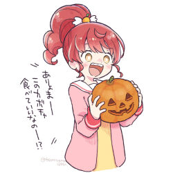 Rule 34 | 1girl, :d, commentary request, dress, food, food-themed hair ornament, hair ornament, hands up, holding, holding food, holding vegetable, jack-o&#039;-lantern, jacket, long hair, long sleeves, open mouth, orange hair ornament, paprika private academy school uniform, pink jacket, ponytail, pretty series, pripara, pumpkin, red hair, sailor collar, school uniform, shiratama mikan, simple background, smile, solo, terayamaden, translation request, upper body, vegetable, white background, white sailor collar, wing hair ornament, yellow dress, yellow eyes