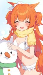 Rule 34 | 1girl, alternate costume, animal ears, breasts, cleavage, closed eyes, collarbone, hair ornament, highres, horse ears, horse tail, inuyama nanami, mayano top gun (umamusume), navel, open mouth, orange hair, school uniform, small breasts, snowman, solo, sparkle, swimsuit, tail, umamusume, white background