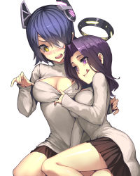 Rule 34 | 10s, 2girls, :q, assisted exposure, bad id, bad pixiv id, blue hair, blush, breasts, cleavage, clothes pull, geeto gaadian, halo, headgear, kantai collection, long hair, medium breasts, meme attire, multiple girls, no bra, open-chest sweater, open mouth, purple hair, short hair, skirt, sweater, sweater pull, tatsuta (kancolle), tenryuu (kancolle), thighs, tongue, tongue out, turtleneck, yellow eyes, yuri