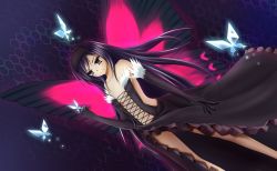 Rule 34 | 10s, 1girl, accel world, antenna hair, bare shoulders, black hair, bug, butterfly, butterfly wings, elbow gloves, female focus, gloves, gradient background, insect, insect wings, kuroyukihime, long hair, navel, rasielcochma, smile, solo, wings
