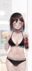 Rule 34 | 1girl, :d, bare shoulders, blush, breasts, brown hair, cleavage, closed eyes, collarbone, gluteal fold, highres, holding, large breasts, looking at viewer, medium hair, midriff, navel, open mouth, original, product placement, rouka (akatyann), smile, soda, solo, sports bra, sweat, thigh gap, underwear, underwear only