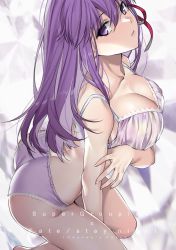Rule 34 | 1girl, :o, ass, between legs, blush, bra, breasts, cleavage, collarbone, fate/stay night, fate (series), hair ribbon, hand between legs, head tilt, kneeling, lace, lace-trimmed bra, lace-trimmed panties, lace trim, large breasts, lingerie, long hair, looking at viewer, matou sakura, open mouth, panties, pink lips, purple bra, purple eyes, purple hair, purple panties, red ribbon, ribbon, solo, thighs, underwear, underwear only, yaoshi jun
