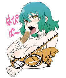 Rule 34 | 10s, 1girl, bare shoulders, breast hold, breasts, chikuwa, cleavage, collarbone, cropped torso, earrings, food, green hair, haganemaru kennosuke, hikage (senran kagura), jewelry, large breasts, licking, looking at viewer, open mouth, senran kagura, sexually suggestive, shirt, short hair, slit pupils, solo, tongue, tongue out, torn clothes, torn shirt, upper body, white background, yellow eyes