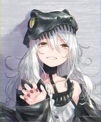 Rule 34 | 1girl, alternate costume, commentary request, cosplay, g11 (dragon jr.) (girls&#039; frontline), g11 (girls&#039; frontline), girls&#039; frontline, highres, jacket, kunoki toki, nail polish, paw pose, raptor, silver hair, smile, solo, teeth, yellow eyes