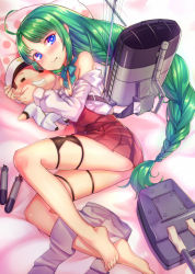 Rule 34 | 10s, 1boy, 1girl, :q, admiral (kancolle), ahoge, antennae, backpack, bad id, bad pixiv id, bag, bare shoulders, barefoot, bed sheet, blue eyes, blush, bow, bowtie, braid, character doll, chibi, closed eyes, feet, green hair, hat, heart, heart-shaped pupils, highres, hug, kantai collection, legs, long hair, looking at viewer, lying, machinery, mole, mole under mouth, on back, on side, pantyhose, unworn pantyhose, pillow, saliva, shennai misha, single braid, skirt, smile, symbol-shaped pupils, toes, tongue, tongue out, very long hair, yuugumo (kancolle)