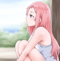 Rule 34 | 1girl, blurry, breasts, camisole, closed mouth, cloud, day, depth of field, from side, gamers!, highres, hugging own legs, long hair, medium breasts, outdoors, pink hair, profile, purple eyes, sakurano aguri, shirt, sideways mouth, sitting, sky, sleeveless, sleeveless shirt, smile, solo, very long hair, white shirt, wing (aiastor)