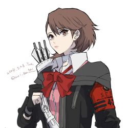 Rule 34 | 1girl, archery shooting glove, armband, arrow (projectile), black gloves, black jacket, bow, bowtie, brown eyes, brown hair, cardigan, choker, closed mouth, collared shirt, dated, earrings, eyelashes, gekkoukan high school uniform, gloves, hair between eyes, highres, jacket, jewelry, lips, looking at viewer, loose bowtie, official alternate costume, open clothes, open jacket, oui zen, partially fingerless gloves, persona, persona 3, persona 3 reload, pink cardigan, pink lips, quiver, red armband, red bow, red bowtie, s.e.e.s, school uniform, shirt, short hair, simple background, solo, stud earrings, takeba yukari, twitter username, upper body, white background, white choker, white shirt